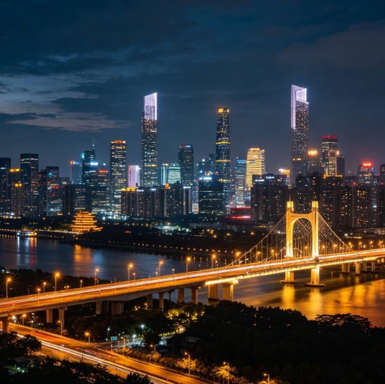 City night view photo, AI sharpened and restored, light halos controlled, building outlines clear with rich details, noise removed, natural contrast restored, improved night scene clarity