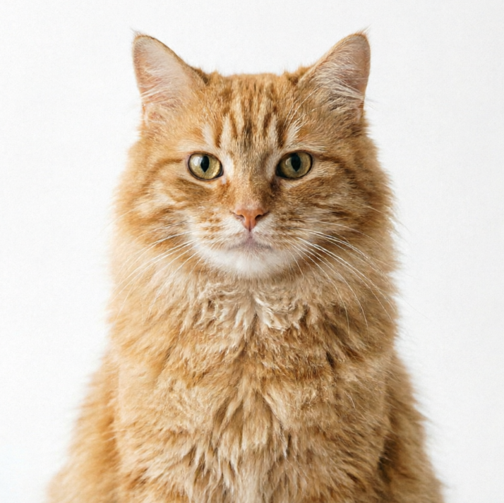 Close-up photo of an orange cat, pure white background, naturally and softly processed cat fur edges without burrs, subject highlighted, clean image, suitable for pet material use