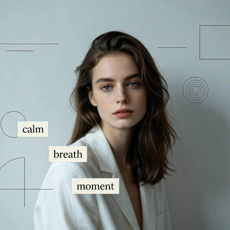Minimalist moody portrait of a Caucasian woman, cool-toned indoor lighting, plain wall background, with artistic stickers of simple geometric shapes, lines, and English phrases ("calm", "breath", "moment") added to fill negative space. The style is understated and sophisticated without disrupting the overall mood
