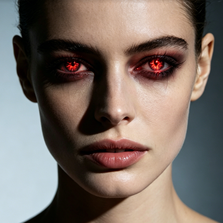Close-up portrait of a European woman with AI Demon Eye filter applied. Eyes transformed into dark red demon eyes with intricate patterns, glowing faintly, conveying a sinister and dark atmosphere