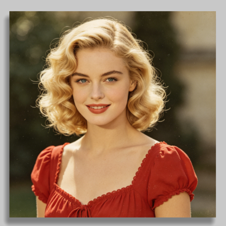 Vintage film-style half-body portrait of a European woman, warm outdoor light, 1950s retro hairstyle and clothing, framed with a light beige floating border with shadow effect, replicating old photo texture, consistent style