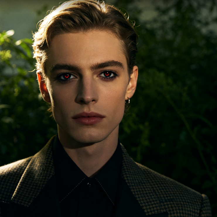 Outdoor backlit portrait of a European man with AI Demon Eye effect. Eyes transformed into dark red demon eyes, blending with vintage clothing and natural light, cool and dark style, 4:3 aspect ratio