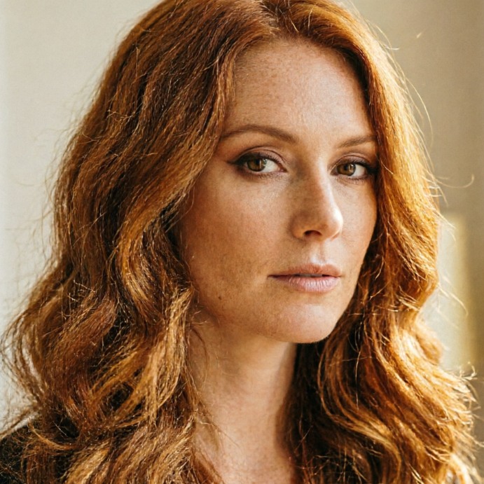 Indoor natural light portrait of a European woman, AI ginger hair filter applied, hair color changed to natural warm ginger red, smooth transition on medium-long curly hair edges, preserving the light and shadow layers of the original hair color with seamless blending, photorealistic style