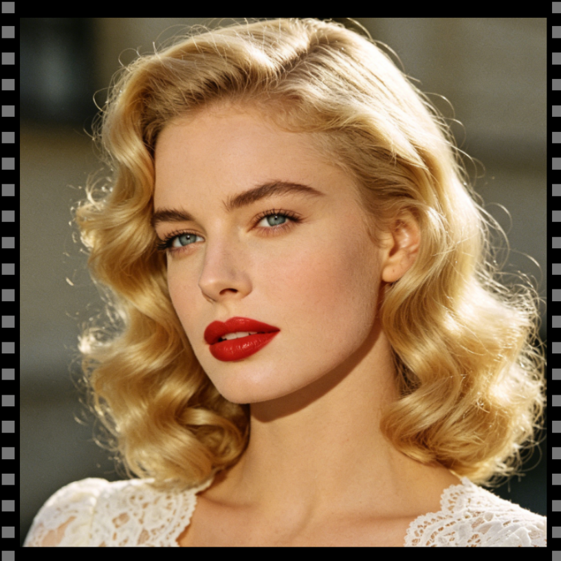 Close-up portrait of a European woman in classic Hollywood style, film-like lighting and texture, framed with a filmstrip-style black and gray border with perforation details, enhancing the retro cinematic vibe