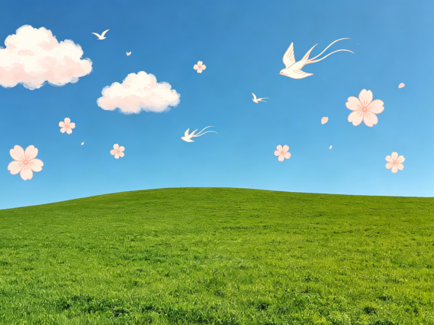 Outdoor natural scenery photo with blue sky and green grass, bright light, simple composition, fresh realistic style. Decorated with nature-themed stickers such as clouds, flowers, and birds to fill the empty space, creating a fresh and healing atmosphere that blends with the scenery, 4:3 aspect ratio photography