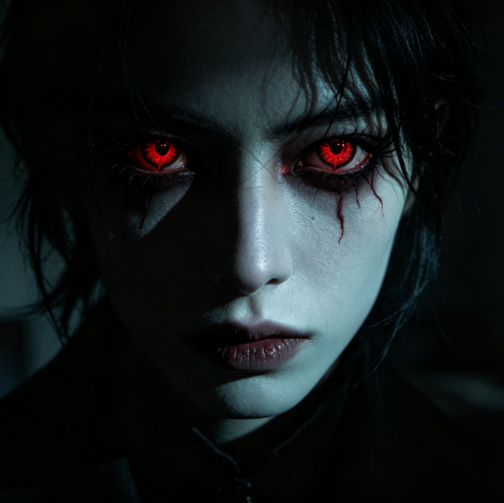 Dark style portrait close-up with AI Demon Eye filter. Eyes transformed into blood-red demon eyes with 3D patterns, paired with dark makeup and low light, conveying a mysterious and eerie vibe, seamless details