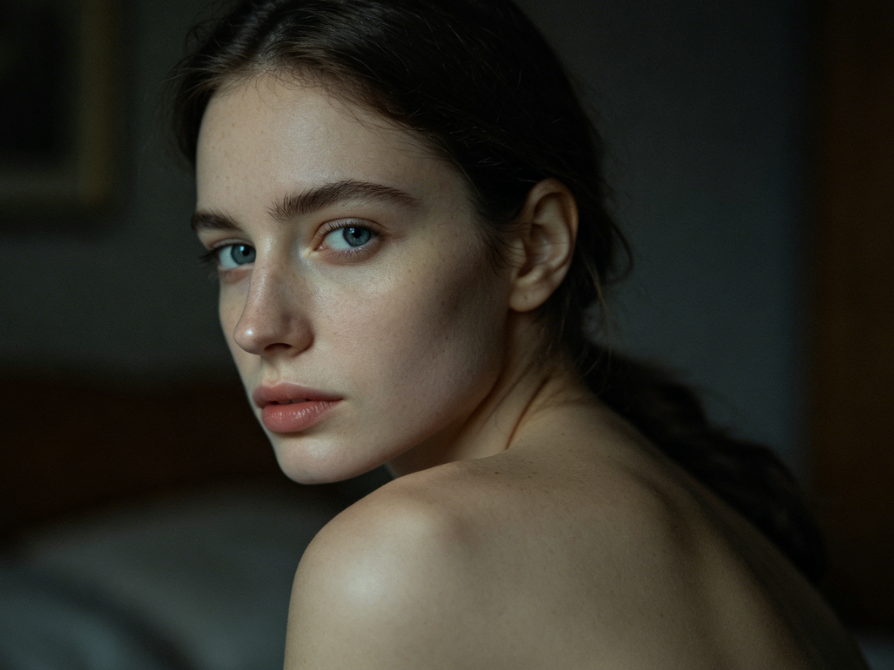 Low-key emotional portrait in a dimly lit room, soft low light, person looking back at the camera, natural blue-gray eyes, desaturated tone, realistic film texture, 4:3 aspect ratio