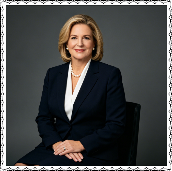 Formal half-body portrait of a middle-aged European woman, studio lighting, dark suit with pearl jewelry, framed with a white lace border, elegant and formal style