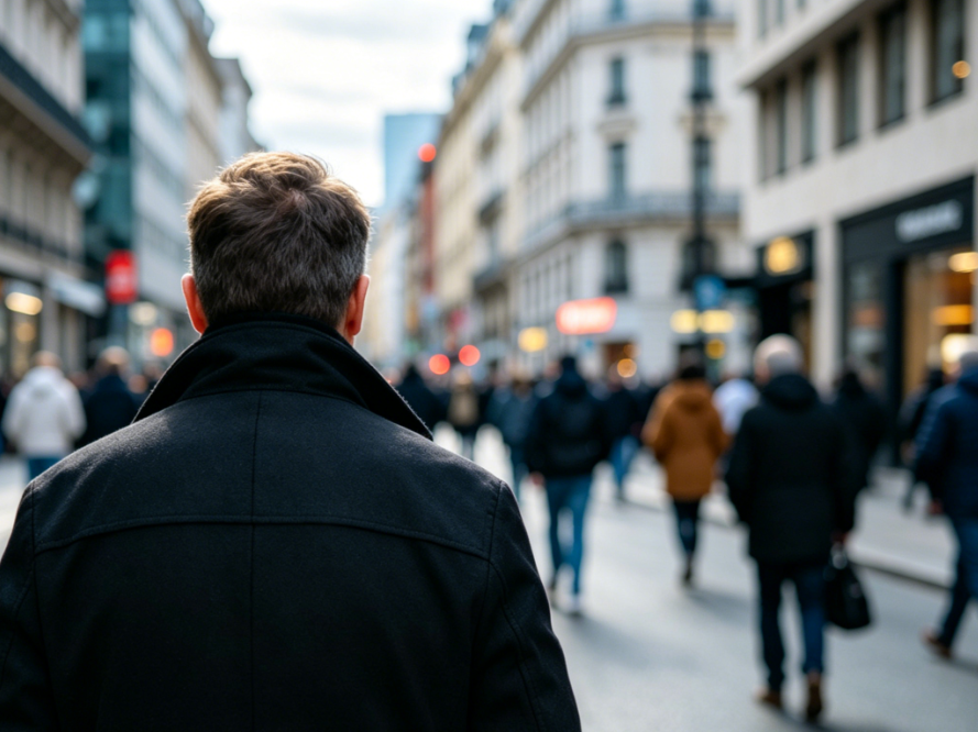 AI-sharpened city street photo, clear clothing texture, restored background building details, natural light contrast, noise removed, improved overall clarity
