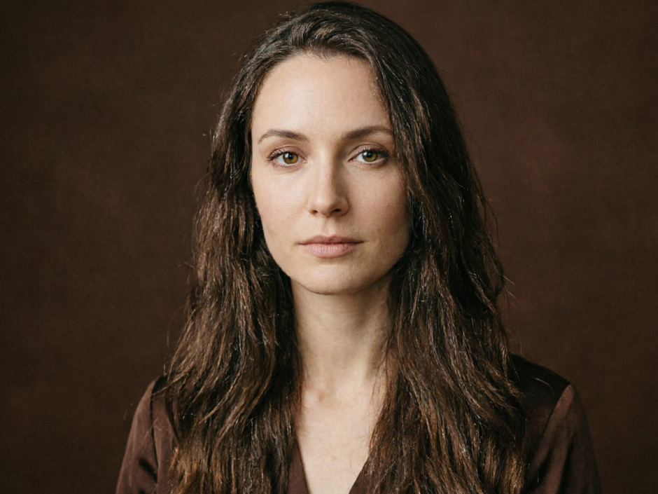 Formal studio half-body portrait of a European woman, dark brown original hair color, warm studio lighting, dignified posture, dark background, neat and grand composition, 4:3 aspect ratio
