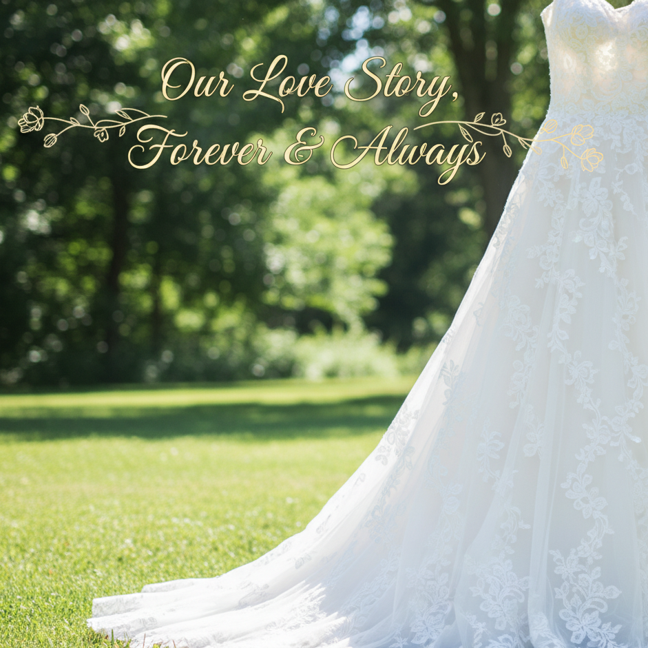 Close-up photo of a white wedding dress on an outdoor lawn, intricate lace details on the wedding dress, lush green trees in the background, curved golden script text "Our Love Story, Forever & Always" added at the top with simple floral decorative lines, suitable for wedding invitation style