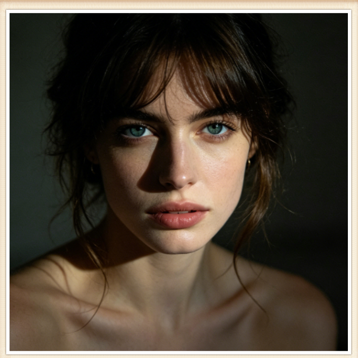 Low-key emotional close-up portrait of a European woman, rich light and shadow layers, desaturated tone, framed with a simple thin white border, clean and high-end, highlighting the subject's eyes