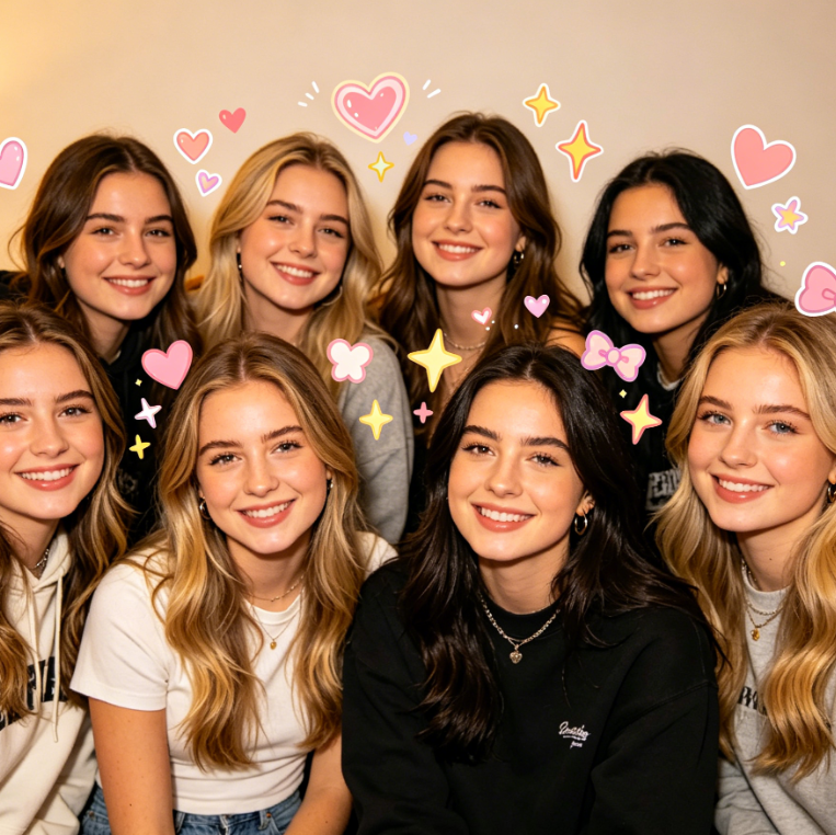 Group photo of Caucasian female friends, warm lighting, casual outfits, natural smiles, plain background, with playful stickers of hearts, stars, and bows evenly distributed around the image to boost the cheerful mood. The style is harmonious and natural
