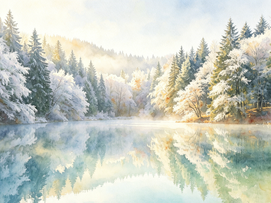 Watercolor painting of a winter forest lake, painted with transparent watercolor wet wash technique, soft transitions between the lake and snow, rich color layers, natural watercolor blending traces, hazy artistic texture, 4:3 aspect ratio