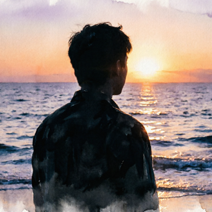 Watercolor painting of a sunset silhouette by the sea, backlit figure silhouette, sparkling waves on the sea, natural transition between sunset and the ocean, dreamy and soft color blending, hazy artistic feel, watercolor paper texture enhancing the atmosphere