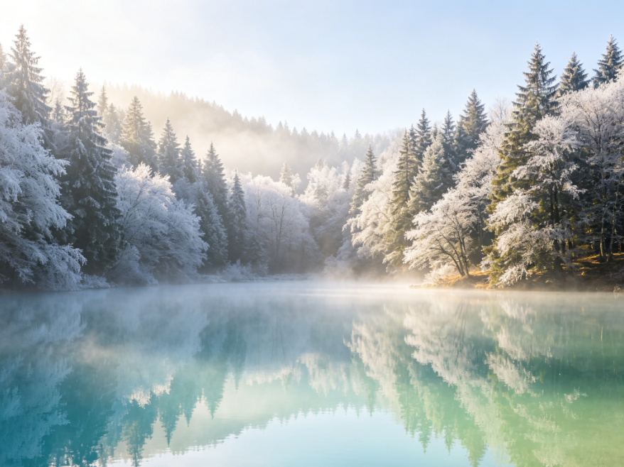 Photorealistic winter forest lake landscape, snowy mountains and lake under soft morning light, clear reflections on the water, snow-covered forests and distant mountains, misty atmosphere, fresh and healing colors, 4:3 aspect ratio