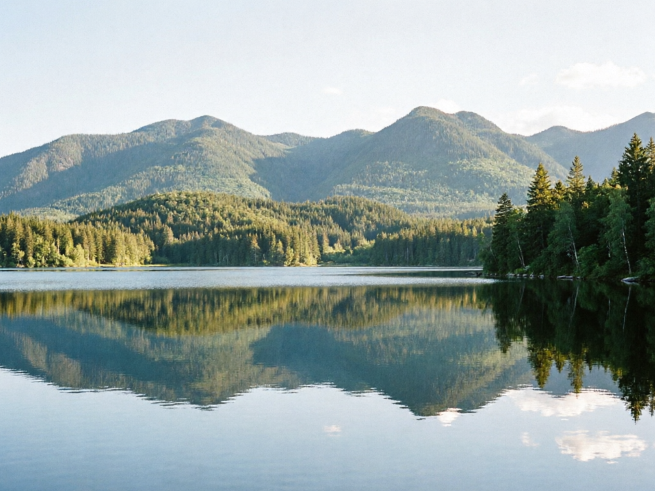 Outdoor landscape photo of mountains and a lake, clear reflections on the water, natural light, fresh and healing colors, no frame, realistic photography style, 4:3 aspect ratio