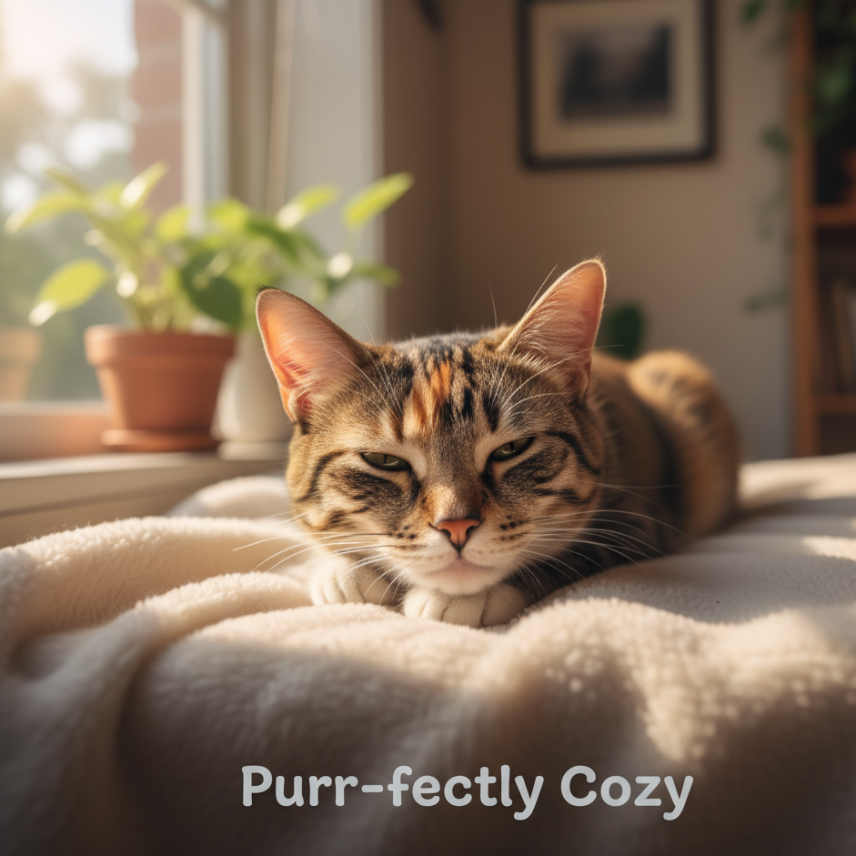 Close-up photo of a cat by the window, a lazy tabby cat lying on a fluffy blanket, warm natural light creating a cozy atmosphere, curved light gray text "Purr-fectly Cozy" added at the bottom with a round and cute font, matching the image style