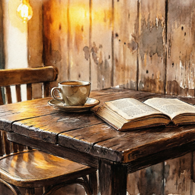 Watercolor painting of a vintage café scene, coffee cup and open old book on a wooden table, warm yellow light creating a cozy atmosphere, weathered wood wall, natural watercolor wash transitions, subtle grain texture, retro artistic style