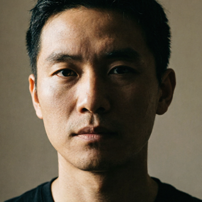 Close-up portrait of an Asian man against a plain indoor background, wearing a black top, strong light and shadow contrast, high-quality fine film grain added, enhancing the image's contrast and texture, calm and sophisticated style