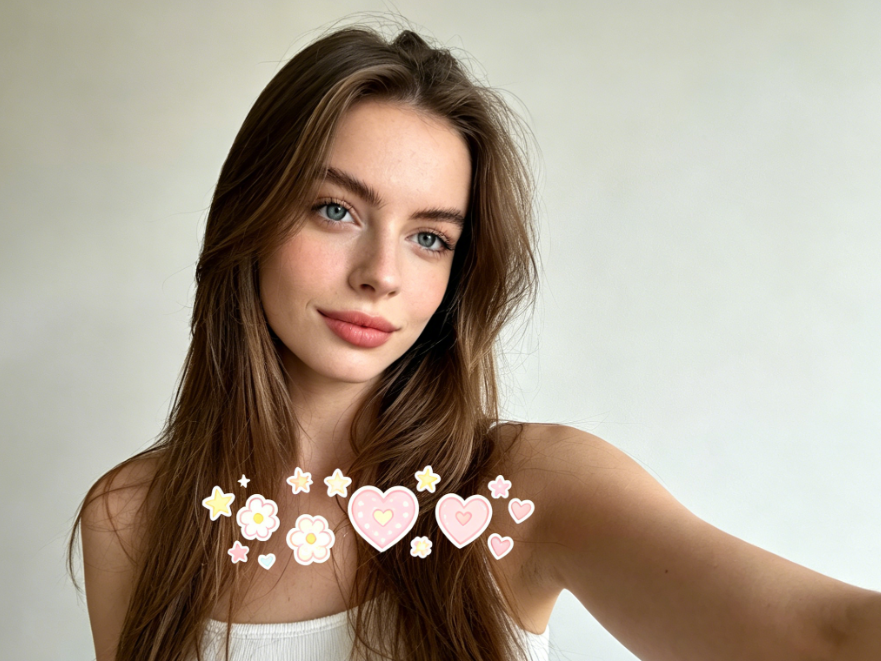 Casual indoor selfie of a Caucasian woman, soft lighting, simple outfit, plain background. Decorated with sweet and playful stickers such as hearts, stars, and flowers, placed in the middle of the frame to enhance the cheerful mood with a harmonious style, 4:3 aspect ratio photography