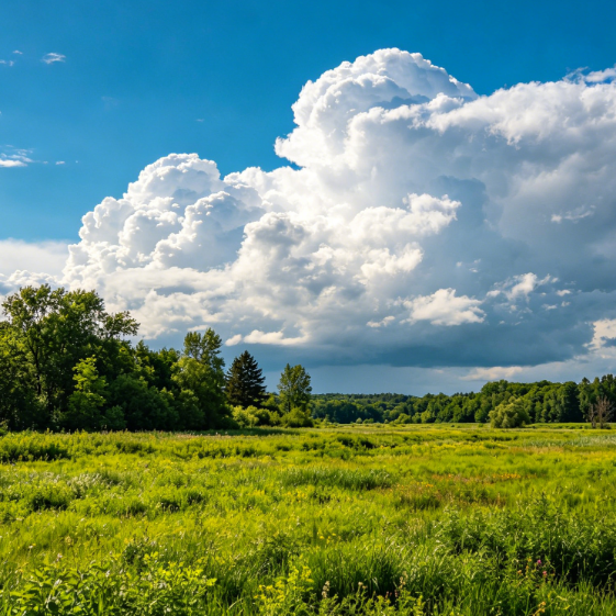 Outdoor landscape photo, enhanced with AI sharpening. Cloud layers distinct, grass texture clear, distant tree details restored, vivid colors, significantly improved overall clarity