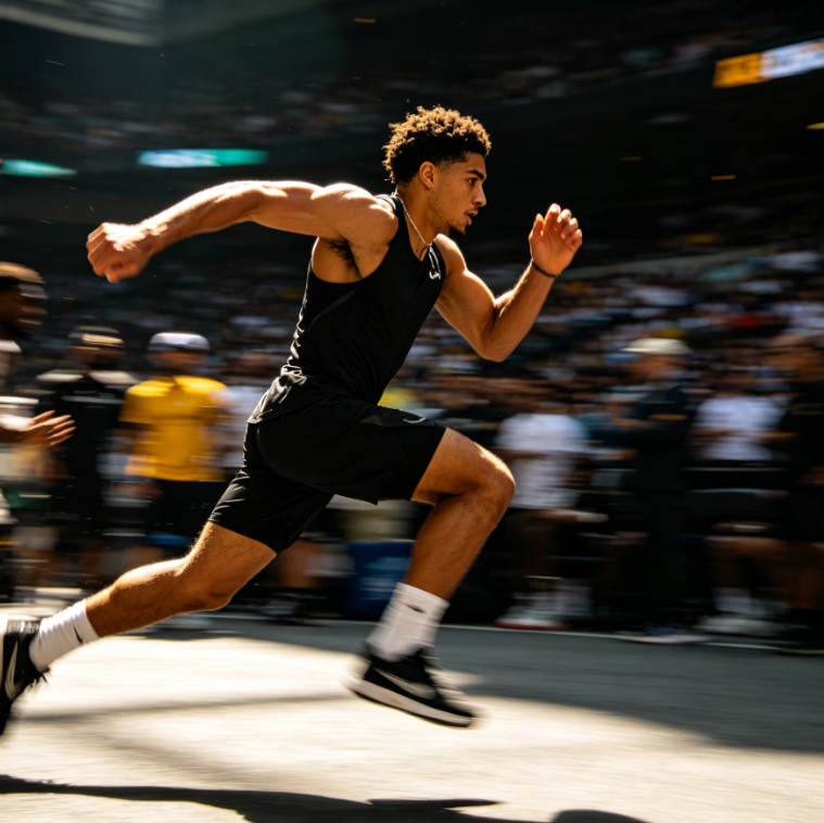 Sports action shot, motion blur corrected with AI sharpening. Clear character outlines, restored muscle lines and clothing details, background noise removed, more impactful image