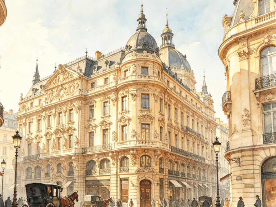 Watercolor illustration of a European retro street scene, Parisian-style Baroque architecture, light watercolor technique, natural warm-toned washes, soft rendering of architectural details, watercolor paper texture, retro artistic texture, 4:3 aspect ratio
