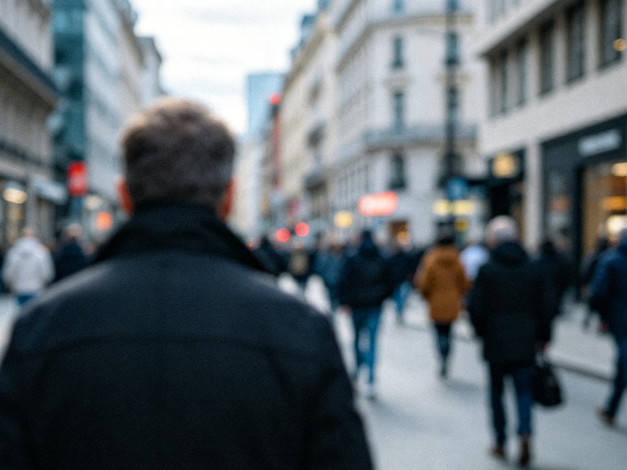 Outdoor city street photo with blurry subject edges, over-blurred background, flat lighting, lack of depth, and slight compression noise
