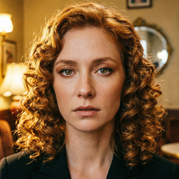 Portrait of a European woman in a vintage indoor setting, AI ginger hair filter applied, hair color changed to caramel ginger, clear and full texture on retro small curls, warm sheen on hair under warm yellow light, matching the retro Hong Kong-style atmosphere