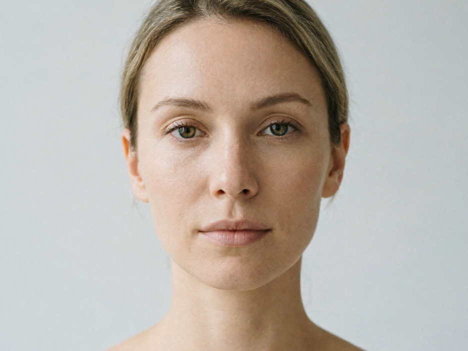 Studio portrait close-up of a European woman, soft indoor light, solid background, high-definition realistic portrait, clear skin texture, no frame, neat composition, 4:3 aspect ratio