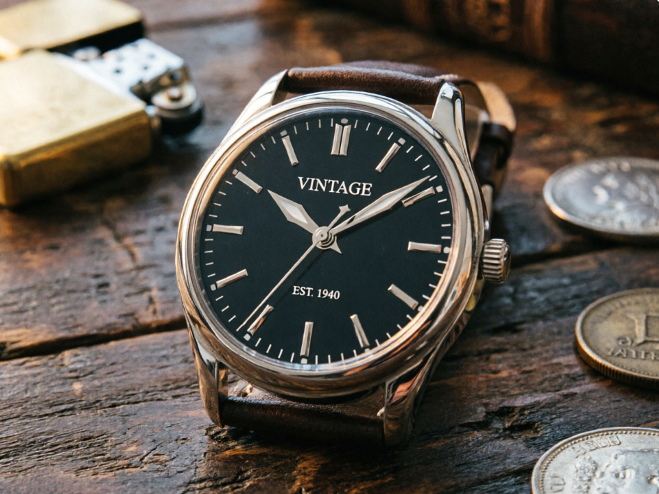 Product photo of a vintage watch, weathered wooden table background with a vintage lighter and old coins, warm light highlighting retro texture, clear details on the metal dial and leather strap, 4:3 aspect ratio
