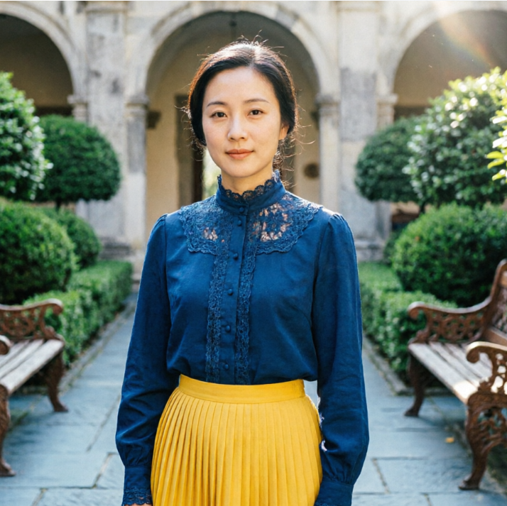 Portrait of an Asian woman in a European-style courtyard, wearing a blue lace blouse and yellow pleated skirt, classical arches and greenery in the background, color film grain added with subtle warm filter, vintage cinematic feel, soft and retro colors