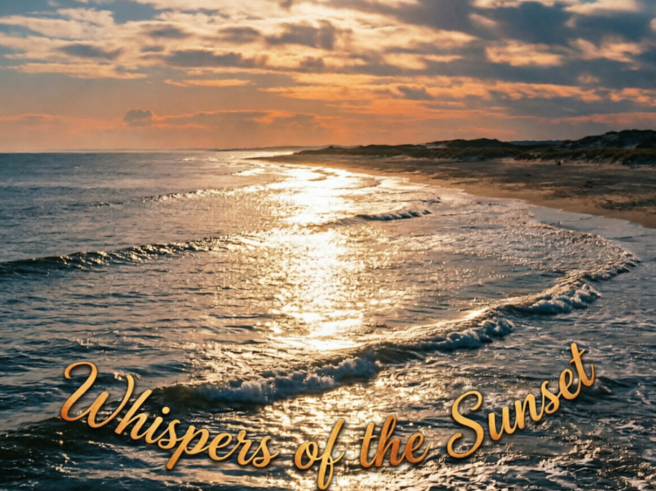 The same sunset photo with curved golden script text "Whispers of the Sunset" added at the bottom, arranged along the natural curve of the sea, warm-toned font matching the sunset colors, enhancing the artistic atmosphere, 4:3 aspect ratio