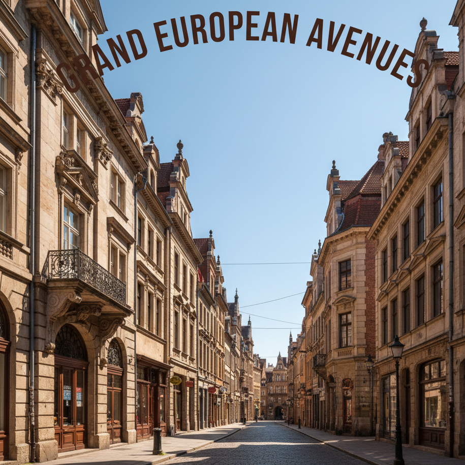 Vintage European street scene photo, cobblestone street and historic buildings under a clear blue sky, curved dark brown bold text "GRAND EUROPEAN AVENUES" added at the top with a striking and grand font, enhancing the poster composition