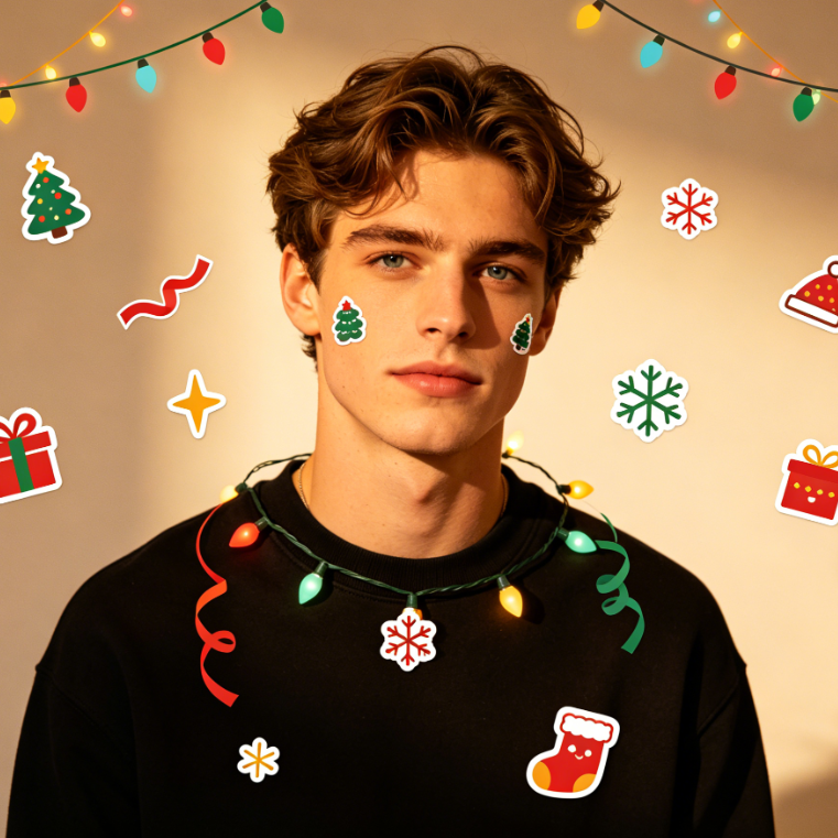 Festive portrait of a Caucasian man, warm-toned indoor lighting, simple outfit, plain background, with holiday-themed stickers including string lights, streamers, Christmas trees, and snowflakes added to create a festive atmosphere. The color scheme is harmonious and does not distract from the subject