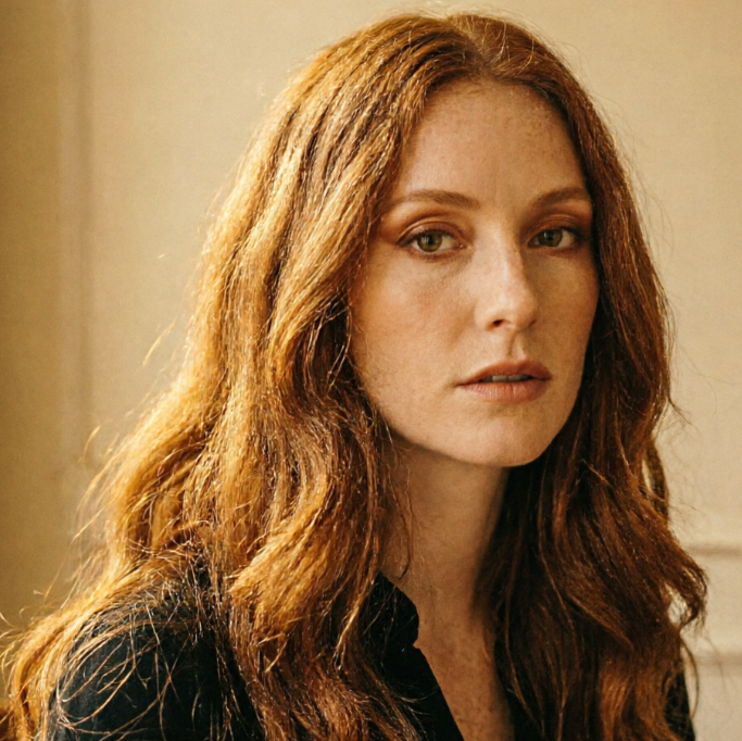 Close-up portrait of a European woman indoors, AI ginger hair filter applied, dark brown original hair color changed to warm ginger red, natural light and shadow layers on long curly hair matching the soft indoor warm light, skin tone and hair color coordinated, high-definition texture
