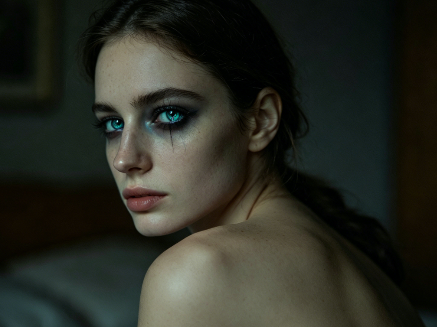 The same low-key portrait with AI Demon Eye filter. Eyes transformed into cyan demon eyes with dark patterns and faint glow, paired with dark eye makeup, conveying a mysterious vibe, seamlessly integrated with the dim scene, 4:3 aspect ratio