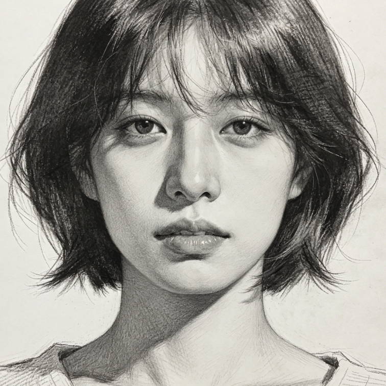 Studio close-up portrait of a woman with short hair, dramatic lighting and simple outfit, converted to realistic pencil sketch style with facial light and detail depicted, controlled and layered strokes, high fidelity to the original