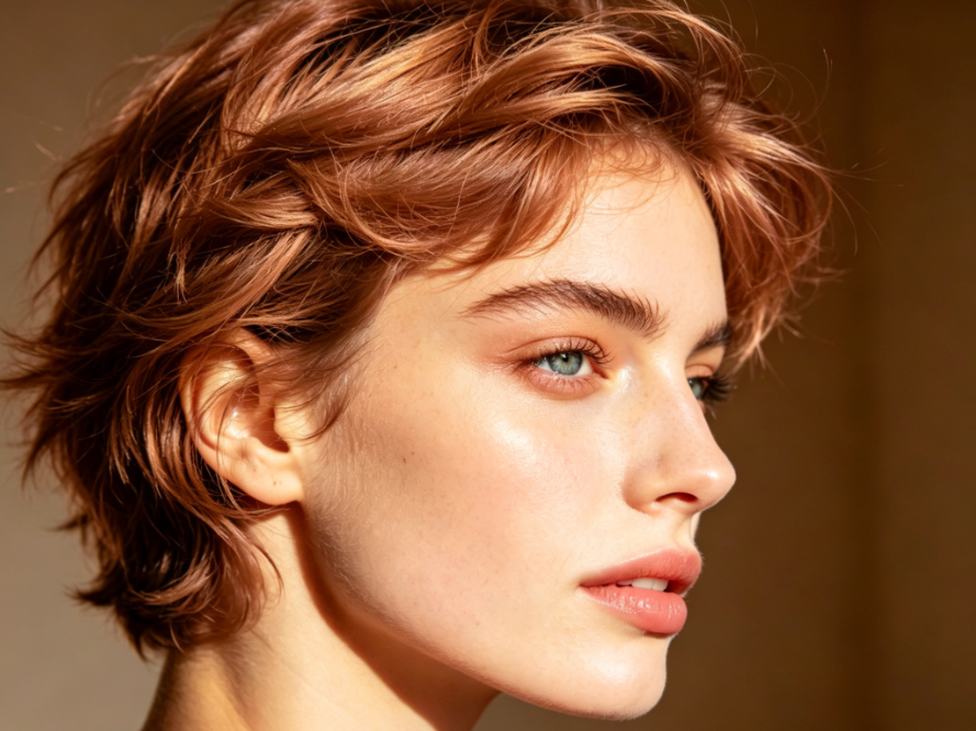 Side profile close-up of a European woman, indoor warm side lighting, short hair with strawberry blonde color, balanced warm and cool tones, clear hair layers, lighting naturally harmonizing with hair color, no obvious retouching traces, high-definition portrait, 4:3 aspect ratio