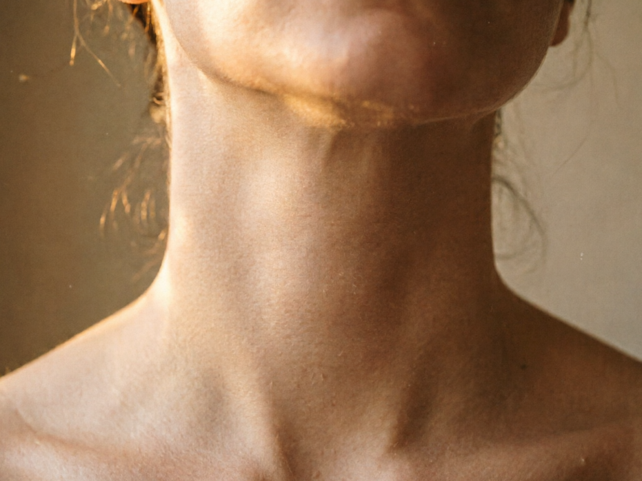Close-up of a woman's neck under warm indoor light, smooth neck skin without any jewelry, clear light and shadow details, original high-definition portrait, 4:3 aspect ratio