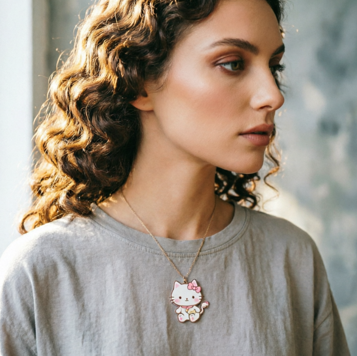 Profile portrait of a European woman under warm indoor light, wearing a casual T-shirt with a thin gold chain necklace featuring a cute cartoon pendant, light and delicate chain, fitting the neckline naturally, harmonizing with everyday style, high-definition portrait