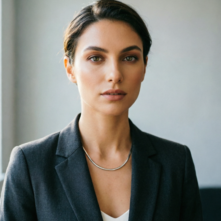 Frontal portrait of a European woman under soft indoor light, wearing a professional blazer with a minimalist silver herringbone chain necklace, sleek and delicate design, understated premium texture, fitting the office style, elegant and poised, high-definition portrait