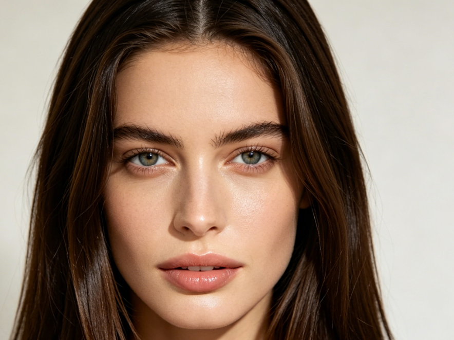 Frontal half-body portrait of a European woman with soft indoor lighting, light solid background, natural dark brown straight hair, light makeup, high-definition realistic portrait, 4:3 aspect ratio