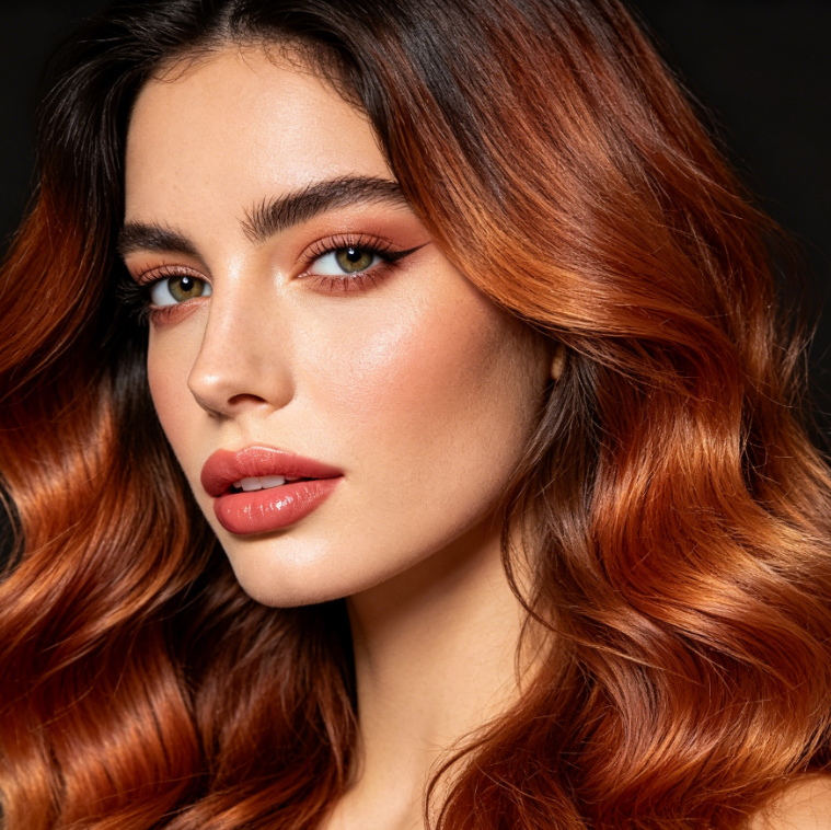 Studio fashion portrait of a European woman with soft three-dimensional lighting, long wavy hair, premium strawberry blonde hair with gold-red undertones, shiny and full hair texture, paired with dramatic and refined makeup, stylish and sophisticated, high-definition fashion photography