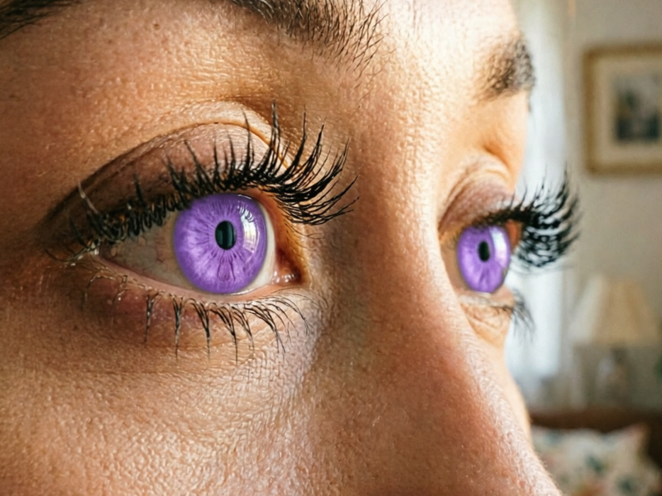 Close-up of a European woman's eyes under indoor natural light, long eyelashes with added solid purple contact lenses, translucent and vibrant color, preserved eye highlights, clean edges without overflow, lighting perfectly matching the eye curvature, high-definition portrait, 4:3 aspect ratio
