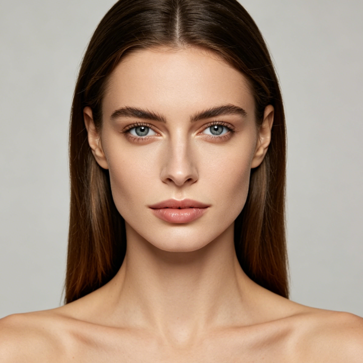 Home selfie portrait of a European woman at eye level, tightened jawline with clear and smooth contours, reduced facial puffiness, balanced and soft face shape, true-to-life texture