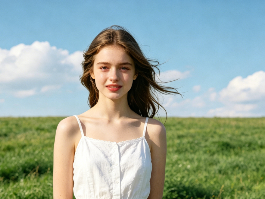 The same outdoor portrait with AI sad and wronged filter applied, tearful eyes, lonely expression, natural and realistic mood, preserving original lighting and outfit, strong emotional atmosphere, 4:3 aspect ratio