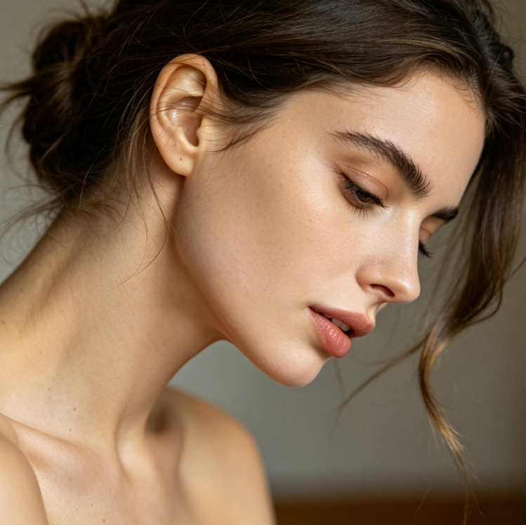 Portrait of a European woman looking down, indoor soft lighting, optimized jawline and neck connection, double chin reduced, clear jaw contour revealed, pose and expression unchanged, realistic portrait texture