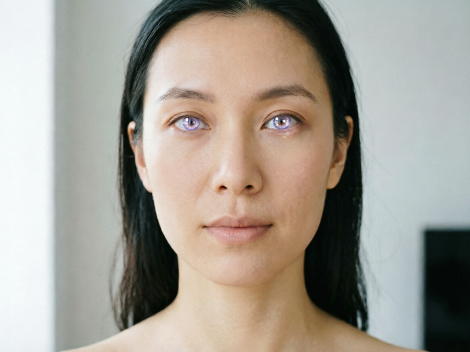 Frontal portrait of an East Asian woman under soft indoor light, natural dark brown irises with added light purple gradient eyes, soft and translucent tone, lively highlights, harmonizing with the gentle overall atmosphere, realistic texture, high-definition portrait, 4:3 aspect ratio